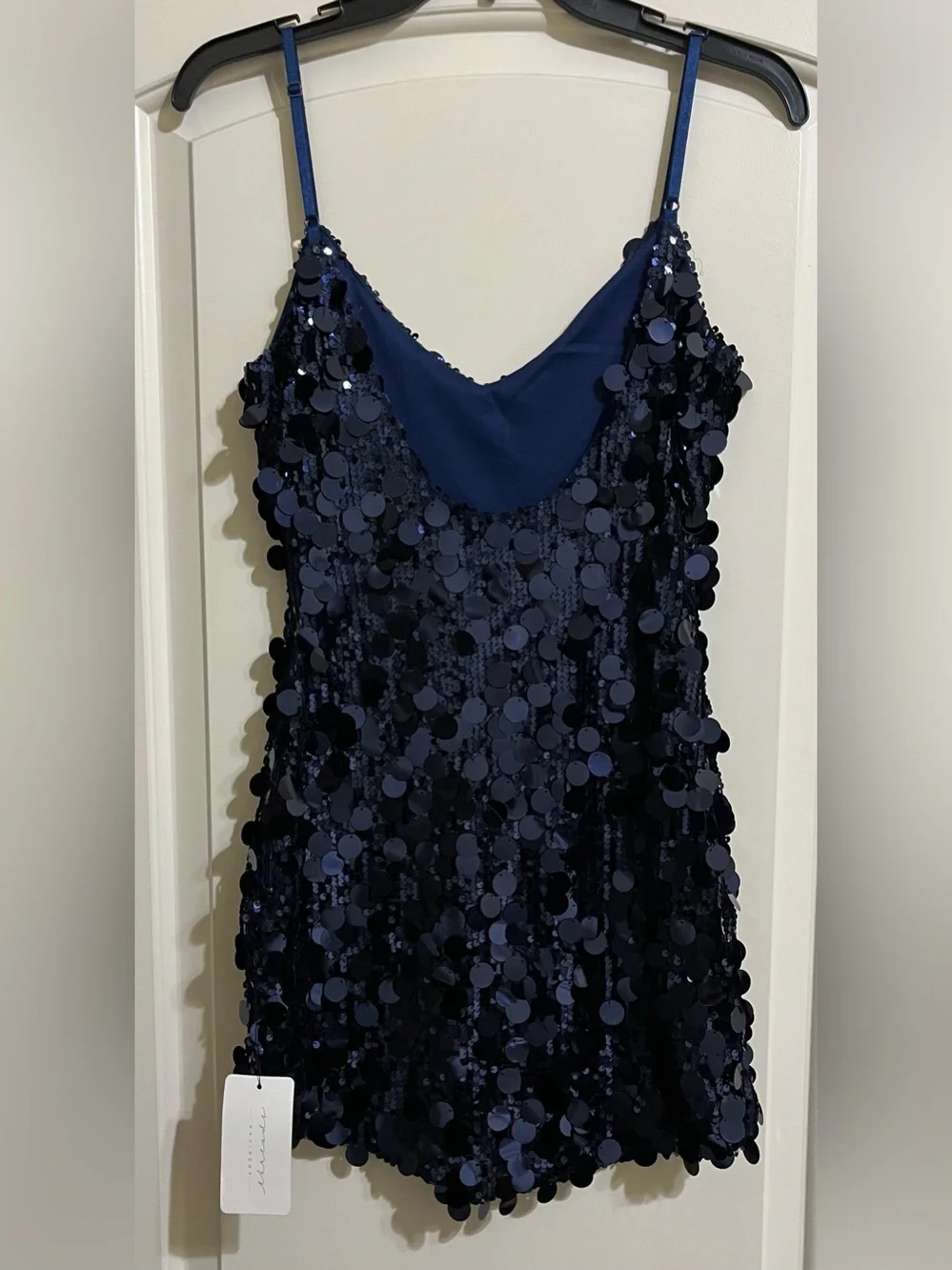 NEW Klesis Midnight Blue Sequins Disk Mini Sparkling V-Neck Dress Size Small